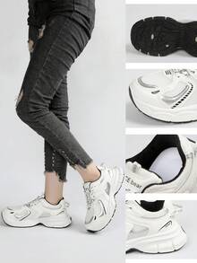 Women's Thick Mesh Increase Height Outdoor Non-Slip Lightweight Fashionable Casual Sports Running Shoes, Autumn - White - View 5