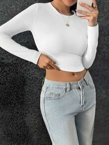 Women's High Stretch Solid Slim Fit&Regular Length Round Neck Long Sleeve T-Shirt&Tee,Minimalist,Suitable For Spring/Autumn&Fall/Winter,For Night Out/Holiday/Daily/Office/Home/Street/Travel/Airport/Brunch,Casual/Simple/Y2K/Elegant/Sexy/Street/Cute/Hot Girl,Fall Women Clothes,Winter Women Clothes,Halloween Clothes Women,Christmas Clothes,Teacher Outfits For Women, Going Out Tops Women,Date Night Outfits Women,Basic Tops,Korean Style