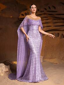 Luxury Lavender Sequined & Crystal Embellished Mermaid Gown - Sheer Cape Sleeves With Deep V Neck For Red Carpet Events, Opera Galas And Charity Balls