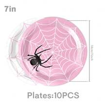 10 piezas Vajilla desechable de araña rosa de 7/9 pulgadas, bandeja redonda desechable para postres, vasos de papel, servilletas, adecuado para fiesta con tema de araña, fiesta de cumpleaños, fiesta familiar, fiesta con amigos, suministros para cena