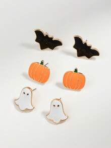 3 Pairs/Set Of Halloween Metal Orange Pumpkin, Bat, Ghost Lady Earrings, Sweet And Unique Holiday Jewelry - Pumpkin Ghost Bat - View 6