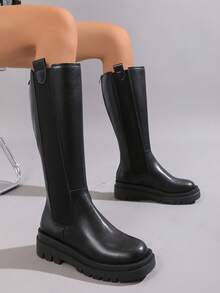 欧美风女式圆头小腿长靴过膝马靴厚底舒适时尚大码弹力靴 - 黑色 - 查看 3