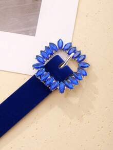 1pc Sapphire Blue Rhinestone Buckle Velvet Women's Belt, Casual Fashionable Versatile Accessory Suitable For Dresses, Parties, Gatherings With Friends - Blue - View 4