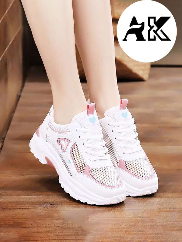 scarpe sportive casual da donna traspirante e traforata, scarpe bianche da studente con lacci, stile sportivo da campus