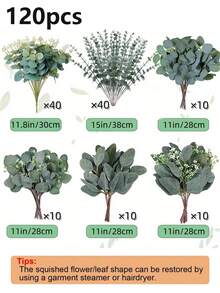 120 piezas Conjunto de tallos de eucalipto mixtos - 6 variedades únicas, hojas de dólar plateadas artificiales realistas para centros de mesa de boda y decoración del hogar, decoraciones navideñas