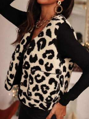 Gilet confortable et décontracté pour femmes avec imprimé léopard, couleur contrastée, épaisseur renforcée et gardant la chaleur, avec boutons sur une seule rangée et poches - Nouvelle arrivée pour l'automne et l'hiver / Bestseller
