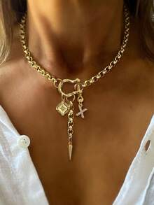 1 chiếc vòng cổ chữ cái A-Z mạ vàng hiệu STYLEVER, khóa hình móng ngựa, mặt dây chuyền hình bát giác đính đá, dây chuyền thép không gỉ, quà tặng Giáng sinh/Halloween. - Vàng - Xem 24