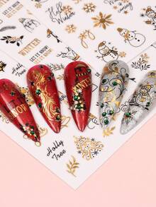 5Pcs Christmas Gold Nail Stickers, Self-Adhesive Metallic Nail Art Decals With Snowflake, Xmas Tree, Reindeer, Snowman & Winter Letter Pattern, Holiday DIY Manicure Decorations Supplies - Multicolor - View 8