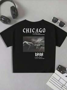 Maglietta con Grafica Chicago Hands , T-shirt da uomo con stampa fronte-retro, alla moda, casual, girocollo, in cotone 220 g/m2 (1 pezzo)