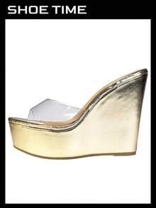 Women's Platform Wedge Slide Sandals – Open Toe Slip-On High Heel Mules With Cork Design - Gold - View 2