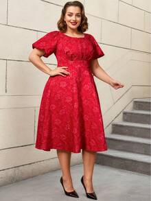 AOMEI Vestido acampanado de mujer con mangas cortas abullonadas, estampado floral jacquard, corte evasé, vestido vintage para fiestas y bodas