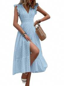 Long Beach Dress With Wrap Hem And Ruffle, Vacation Outfit For Women - Light Wash - View 4