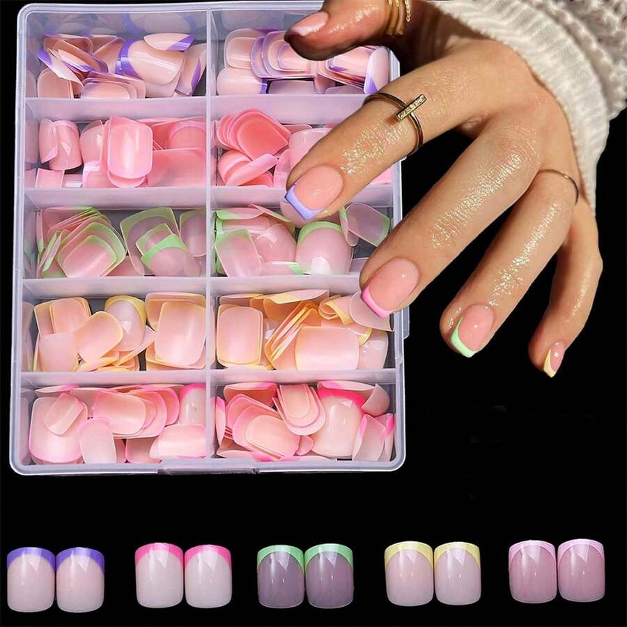 120 PCS-Piece Boxed Colored Short Nail Tips, French Style Multi-Colored Wearable Artificial Nails - 120PCS - View 1