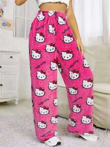 Sanrio Women's Plus Size Thermal-Lined Hello Kitty Print Fluffy Pants, Soft, Warm, Cozy, Kawaii, Suitable For All Ages, Autumn/Winter