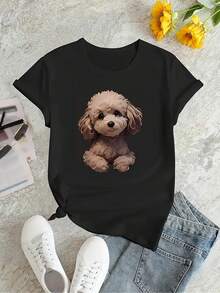 Women's Casual Short Sleeve T-Shirt - Cute Dog Pattern Print Round Neck Soft Stretchy Top, Suitable For All Seasons, Comfortable Machine Washable Casual Wear, Fashionable Design, Easy Care, Abstract Pattern, Summer , Stretchable Fabric, Stylish Shirt - 彩色 - 查看 3