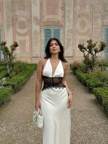 Sexy Lace & Satin Halter Tie Dress, Elegant Ball Gown, Wedding Dress, Holiday Party Dress, Valentine's Day - White - View 3