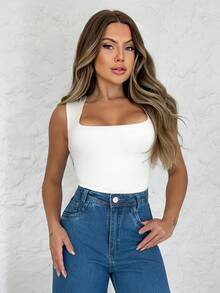 3-Piece Basic Bodysuit, Square Neckline, Wide Straps, Versatile Shapewear, Casual, Suplex, Fashion, Gringa Blogger - 米色-咖啡色-白色 - 查看 5