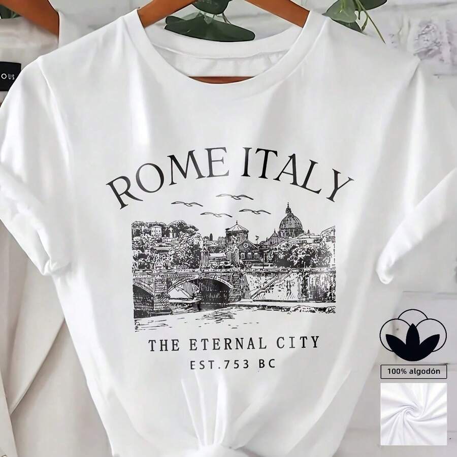 Camiseta con estampado de letras para mujer, talla grande, informal, de verano, cuello redondo, 100 % algodón