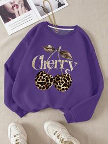 1pc Girls' Playful Chic Leopard Print & Cherry Graphic Sweatshirt, Fashionable & Versatile, Suitable For Spring/Autumn Occasions - Purple - View 6