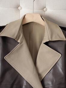 Women's Colorblock Double-Breasted Trench Coat With Contrast Pockets And Belt Spring - Coffee Brown - View 3