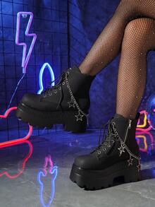 大码女式系带靴，星形链条装饰，厚底方头坡跟踝靴，秋冬季时尚单品 - 黑色 - 查看 3