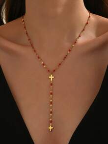 1 chiếc vòng cổ chữ Y bằng thép không gỉ thanh lịch có mặt thánh giá và đồ trang trí bằng nhựa nhiều màu sắc, phù hợp cho trang phục hàng ngày của phụ nữ hoặc các dịp lễ - vàng - Xem 4