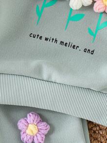 2 件女童休闲可爱荷叶边花卉字母印花长袖上衣和裤子套装，春秋 - 綠色 - 查看 6