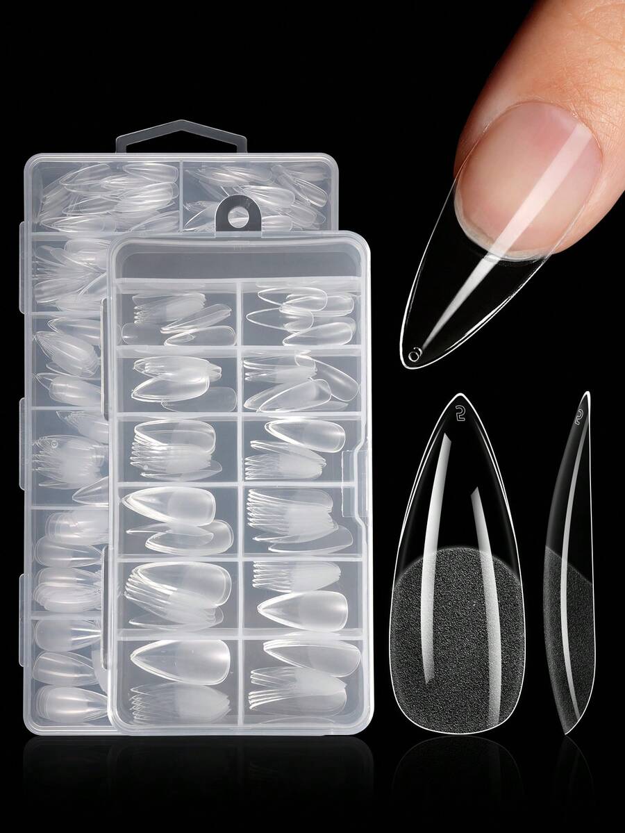 120/504片长水滴形软胶美甲贴片，透明哑光全覆盖美甲延长片，预成型亚克力假指甲，DIY美甲产品 - 無色 - 查看 1