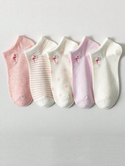 1/5 双女士时尚甜美粉色火烈鸟刺绣拼色波尔卡圆点和条纹可爱短袜，适合日常和外出穿着