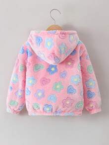 Girls' Warm & Soft Printed Fleece Reversible Long Sleeve Hooded Zip-Up Cardigan, Fashion Jacket For Autumn/Winter - Pink - View 6