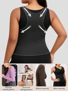 1件大码秋冬季保暖内衬圆领吊带背心，修身无袖休闲运动打底背心，女士 - 黑色 - 查看 2