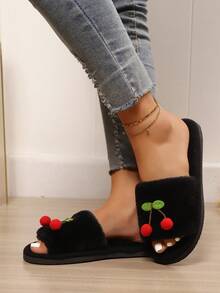 New Women's Cute Cherry Decor Plush Open Toe House Slippers, Comfortable Fluffy Slip-On Slippers For Women, Suitable For Bedroom And Living Room, All Season - Black - View 5