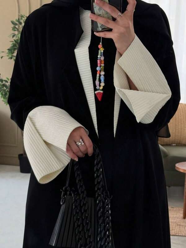 1 Pc Elegant Charming Printed Cuffs Robe Cardigan Abaya, Fashionable Beautiful Solid Color Women's Robe Dress Abaya, Suitable For Daily, Work, Travel, Party (Headscarf Not Included)