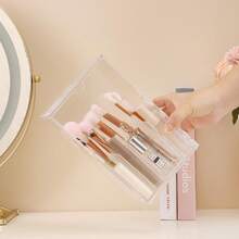 Porte-pinceaux de maquillage en acrylique avec couvercle rabattable incliné – Rangement et organisateur transparents et anti-poussière pour pinceaux de maquillage – Grande capacité (17 emplacements) pour pinceaux de maquillage (transparent) - Transparent - Voir 9