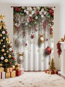 1pc Christmas Floral, Ornament & Decor Printed Polyester Curtain/Door Curtain, Rod Pocket Hanging, Suitable For Holiday Parties, Winter Celebrations, Christmas Decoration - Multicolor - View 3