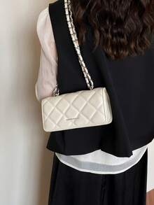 Bolso de mano con cadena de rombos en miniatura, diseño minimalista de bolso bandolera, elegante para ir al trabajo - Beis - Ver 5