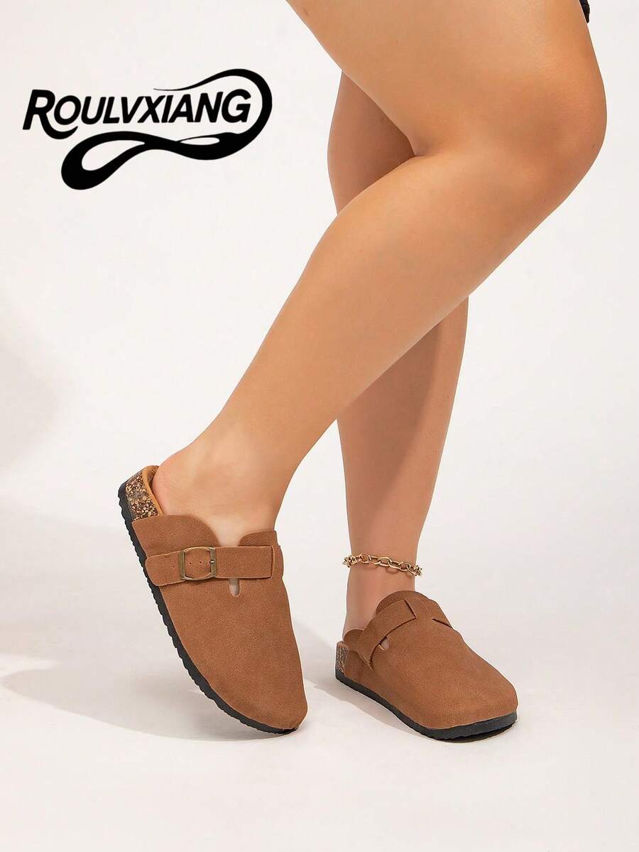 roulvxiang 2025 Wide Fit Plus Size Women Slip-On Flat Mules Casual Slippers, Suitable For Indoor And Outdoor Wear, Spring/Autumn