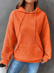 2026 Must-Have For The New Year Plus-Size Solid Color Waffle Hoodie, Casual Pocket Drawstring Long-Sleeved Hooded Sweatshirt, Women's Plus-Size Clothing, Outdoor Sweatshirts, Local Warehouse Direct Delivery, Girls' Fashionable Tops Waffle-Knit Hoodie, Oversized Pullover Hooded Top Fabric Texture: Waffle-Knit Textured Fabric, Soft Warm Knit Material Design Details: Hood With Drawstring, Front Kangaroo Pocket, Ribbed Trim (Cuffs/Hem), Oversized Relaxed Fit Styling Style: Vibrant Casual Style, Daily Street Relaxed Vibe  3D Textured Fabric Layering Effect - 橘色 - 查看 1