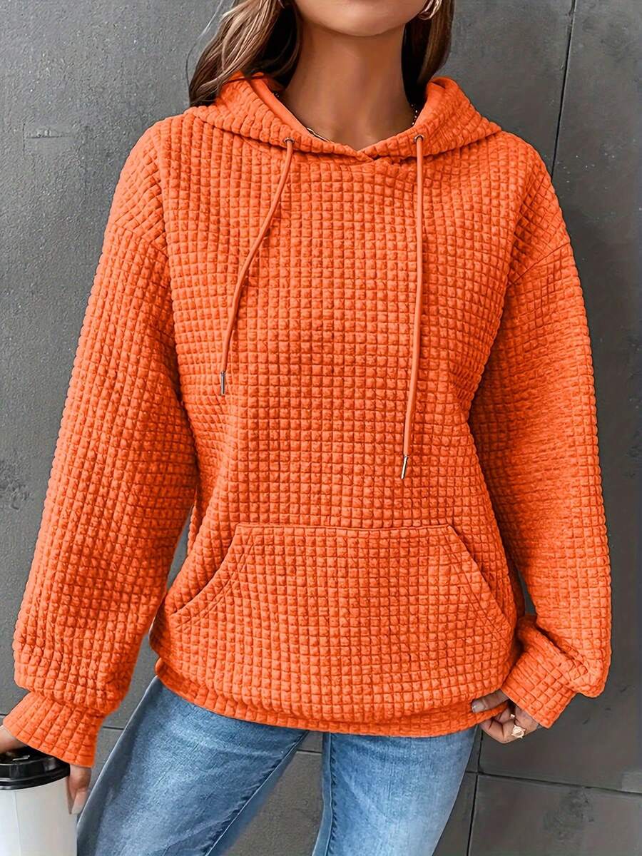 2026 Must-Have For The New Year Plus-Size Solid Color Waffle Hoodie, Casual Pocket Drawstring Long-Sleeved Hooded Sweatshirt, Women's Plus-Size Clothing, Outdoor Sweatshirts, Local Warehouse Direct Delivery, Girls' Fashionable Tops Waffle-Knit Hoodie, Oversized Pullover Hooded Top Fabric Texture: Waffle-Knit Textured Fabric, Soft Warm Knit Material Design Details: Hood With Drawstring, Front Kangaroo Pocket, Ribbed Trim (Cuffs/Hem), Oversized Relaxed Fit Styling Style: Vibrant Casual Style, Daily Street Relaxed Vibe  3D Textured Fabric Layering Effect - 橘色 - 查看 1