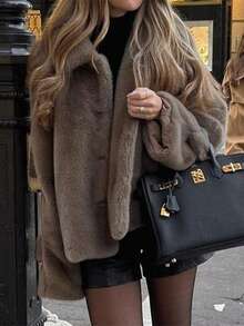 Live To Mo 女士复古风长袖开衫棕色仿皮草外套，适合圣诞节和日常穿着 - 棕色 - 查看 5