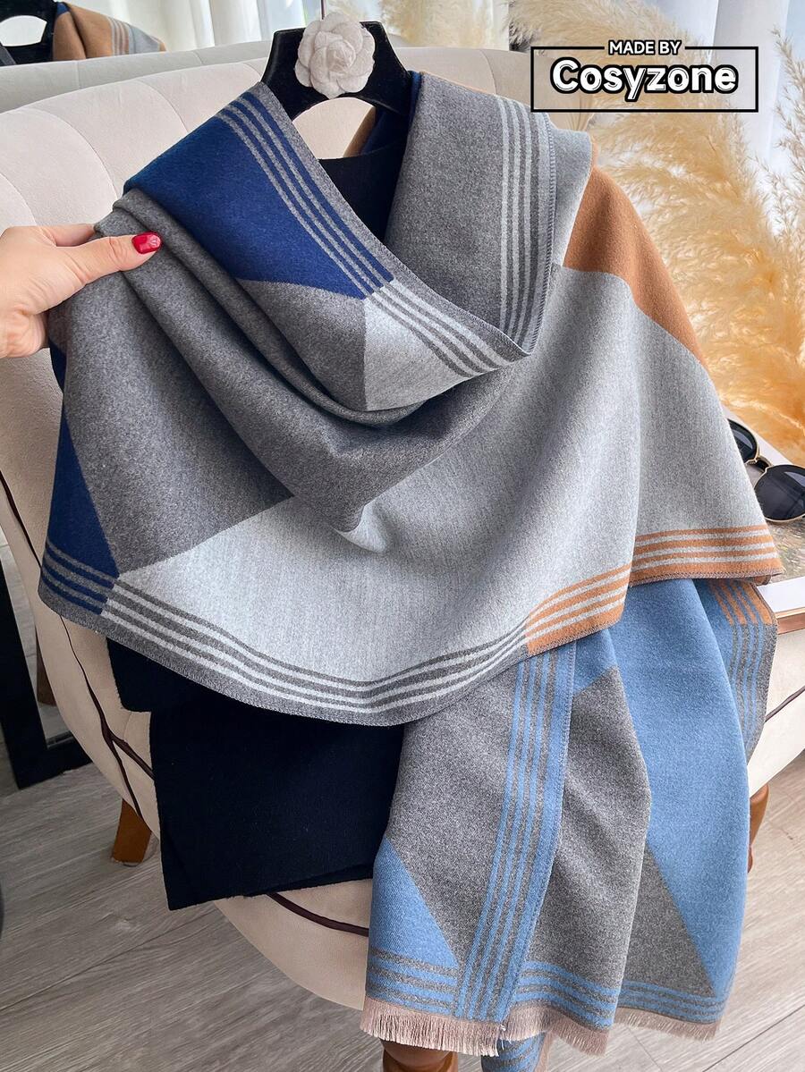1pc Women Reversible Faux Cashmere Colorblock Pattern Scarf, Fashion Versatile Air-Conditioned Room Blanket Shawl, Thick Warm Accessory Suitable For Daily Use, Autumn/Winter For Dress - Blue - View 1