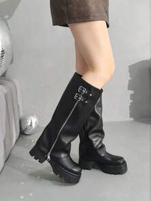 Fold Over Knee High Boots For Women Platform Round Toe Chunky Heel Boots With Side Zip Fashion Buckle Pull On Tall Boots - 黑色 - 查看 11