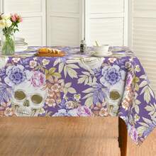 1 pieza/4 piezas/8 piezas Mantel impermeable y resistente al calor con diseños de calavera, flor, morado de Halloween y Día de los Muertos, de 90*150cm/150*200cm para decoración de mesa de cocina y comedor, decoración del hogar, Halloween y Día de los Muertos