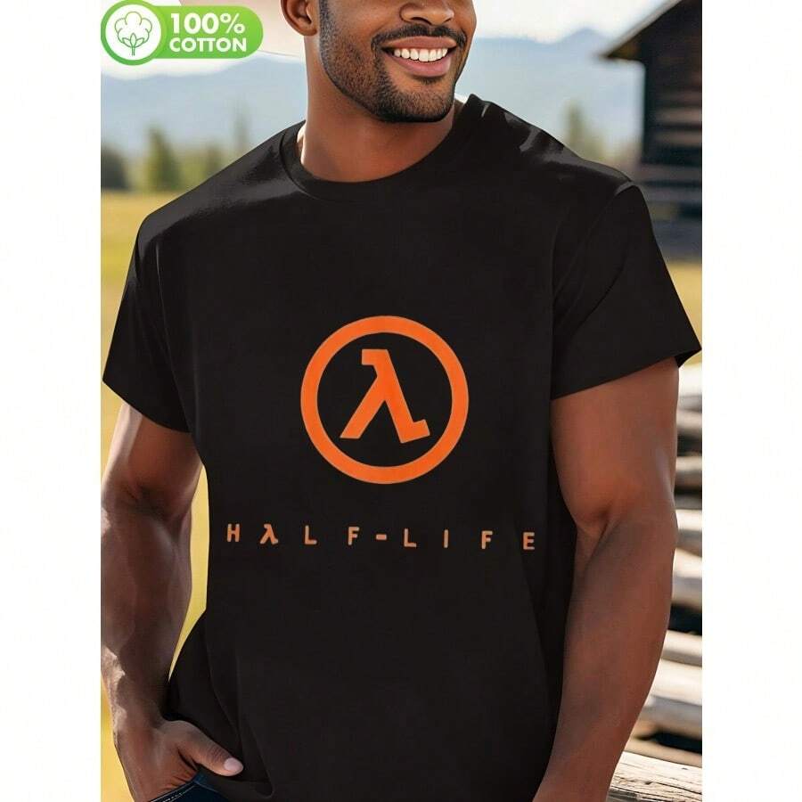 Men'S Half-Life Graphic T-Shirt - Casual Crew Neck Short Sleeve Tee With Iconic Logo, Comfortable All-Season Cotton Blend, Machine Washable, Black & White, Casual Wear | Iconic Logo Tee | Comfortable Fit - 黑色 - 查看 1
