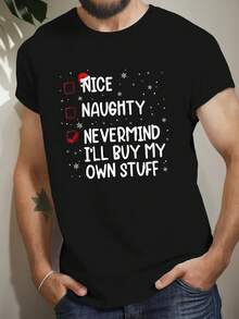 Camiseta de Navidad traviesa de poliéster de manga corta para hombres de ajuste regular, cuello redondo, patrón geométrico, talla adulta, tejido de punto, camiseta casual de verano - Negro - Ver 2