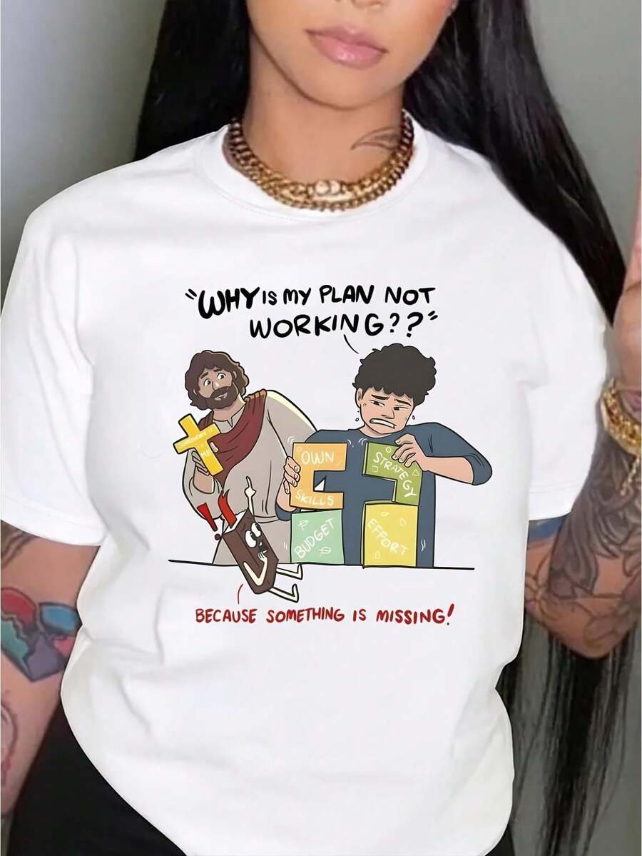 Women'S Faith-Inspired 100%Cotton T-Shirt, Casual Crew Neck Short Sleeve With Jesus & Cross Print, Knit Fabric 180gsm, Spring/Summer Fashion Top - White - View 1