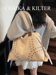 CHAIKA & KILTER 1 件纯色 PU 面料单肩包，女士复古休闲大容量手提包，大学生书包，缝线铆钉装饰双手柄设计，拉链开合，适合日常购物 - 米色 - 查看 5