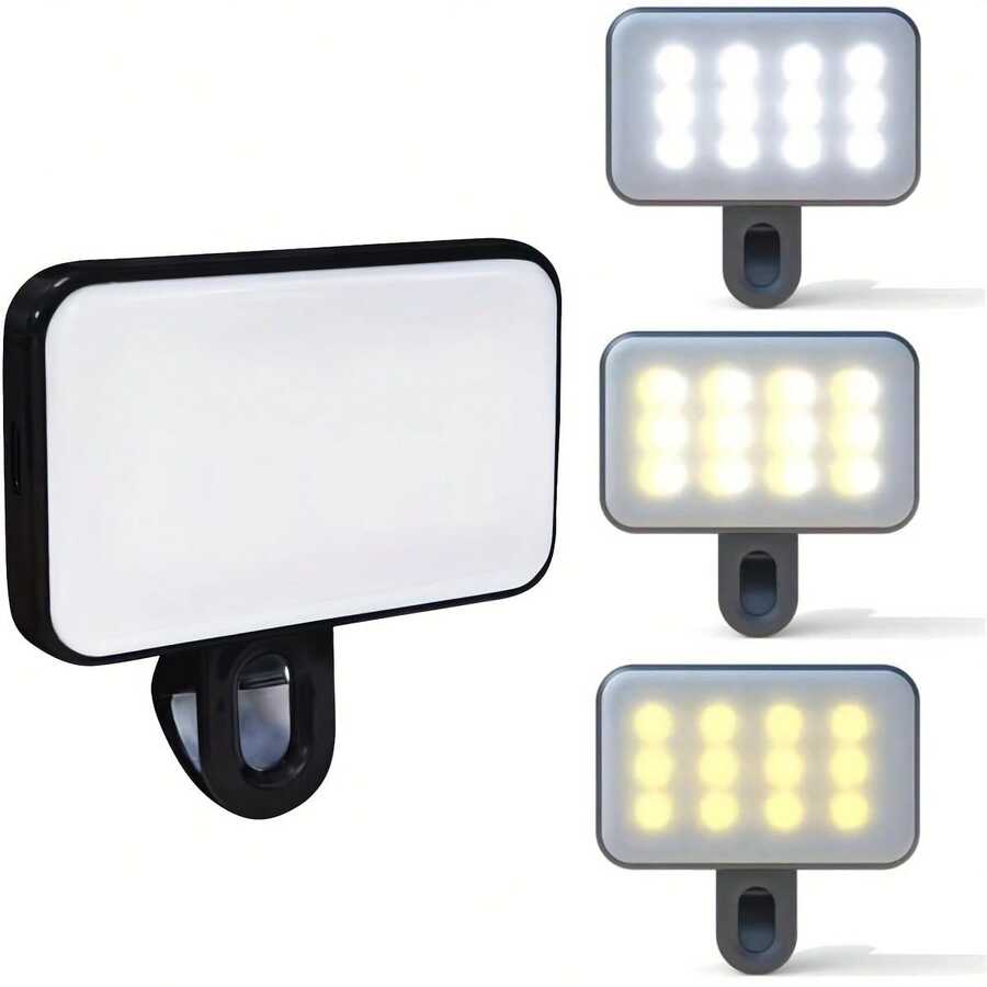 便携式可充电 LED 环形灯，3 种灯光模式，USB 和电池供电，兼容 15/14/13/12/11 Pro Xs、A72/A71/A52/A51，适用于手机、相机、视频、Zoom 会议，大功率，夹式，可调节，带前后夹