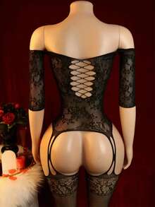 One-Piece Sexy Lingerie Women Body Open Crotch Bodystocking Underwear Catsuit Bodysuit Mesh Fishnet Tights Erotic Sleepwear - 黑色 - 查看 2