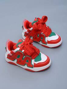 1 Pair Fashionable Dopamine Red PU Material Comfortable Non-Slip Durable Sporty Casual Sneakers For Children, Suitable For Daily Wear And Running - Red - View 4